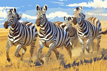 Fototapeta premium A group of zebras kicking up dust as they gallop across the open plains, their distinctive stripes standing out against the grass. 