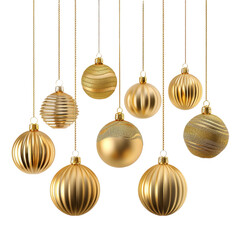 golden decoration Christmas balls collection hanging isolated on white background