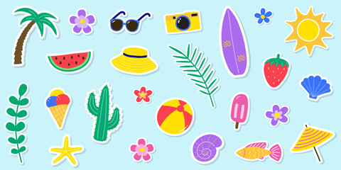 Cute hand drawn summer icon set. Background with cartoon holiday stickers. Vector illustration