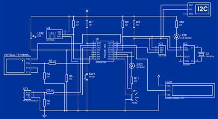 Schematic diagram of electronic device.
Vector drawing electrical circuit with button, 
resistor, led, socket, lcd, sensor, integrated circuit,
terminal and other electronic components.