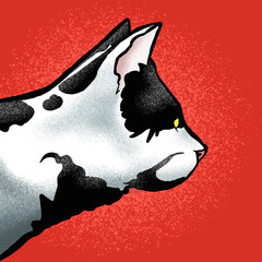 Colour and ink cartoon illustration of a black and white cat looking into the distance with grainy shading on a red background
