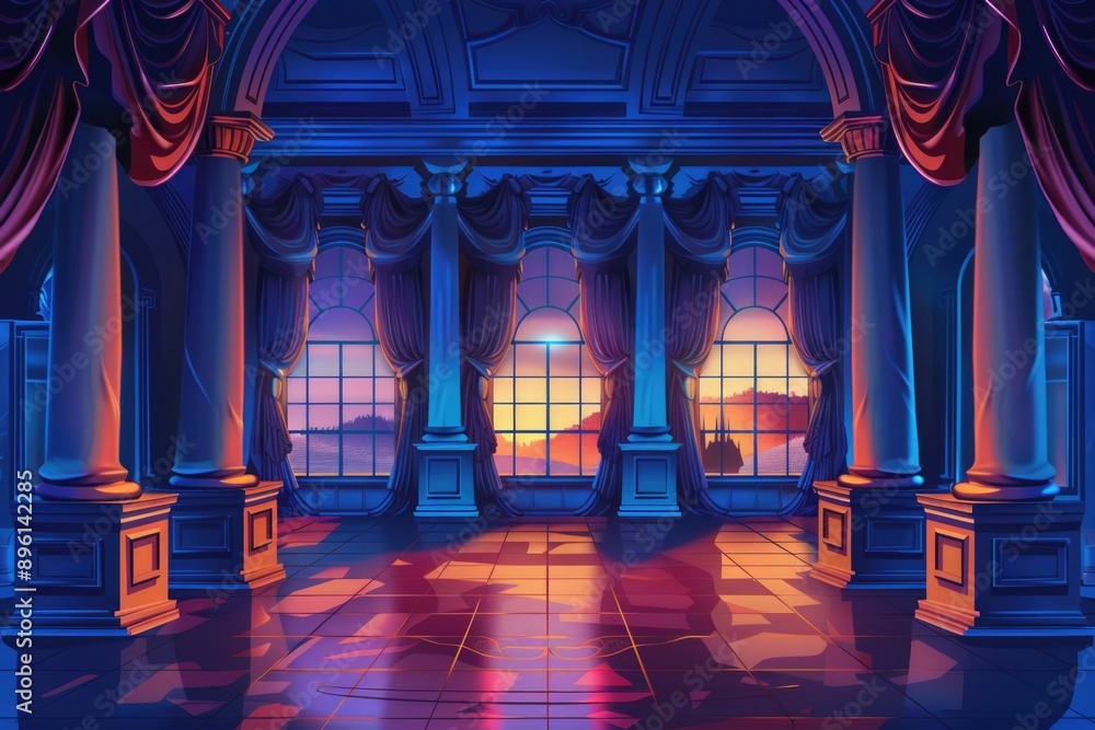 Poster a cozy room with stone columns and a window with closed curtains
