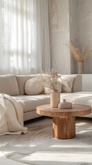 Round accent wooden coffee table against beige fabric corner stylish sofa. Minimalist luxury home interior design of modern living room
