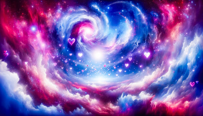 Obraz premium A swirling galaxy of pink and blue with a bright center and glowing stars, with pink hearts floating in the air