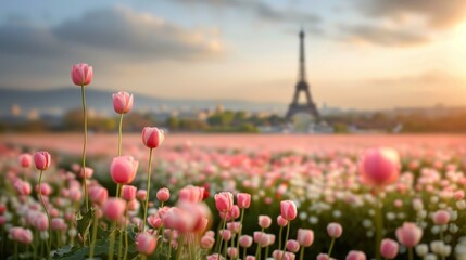 Vibrant Floral Garden Featuring Iconic World Landmarks on Rolling Hills Under Scenic Blue Sky