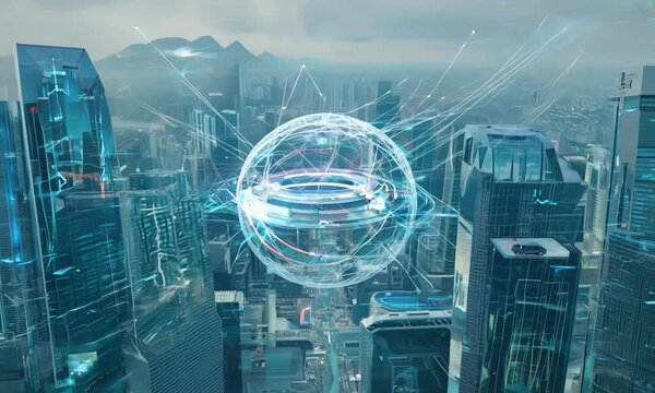 Futuristic cityscape with digital infrastructure. 4K Video hyperrealistic - Powered by Adobe