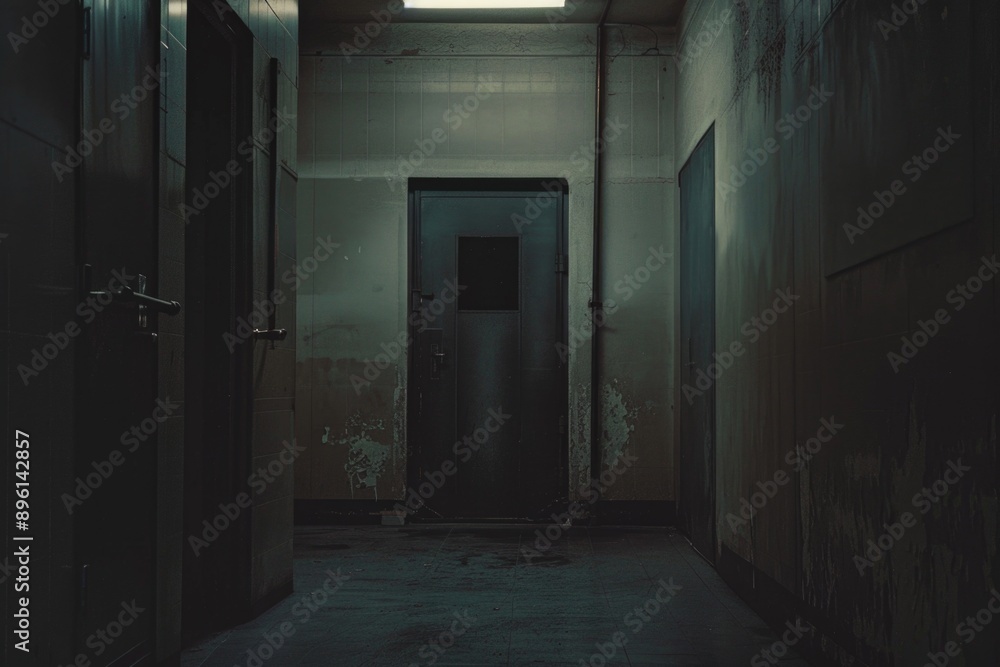 Poster a dimly lit hallway with a closed door and a window letting in some light