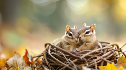 Two cute chipmunks snuggling together in a nest, surrounded by autumn leaves, creating a heartwarming and natural scene.