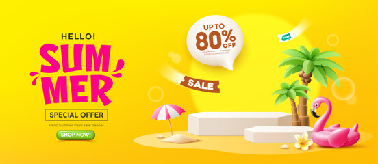 Summer podium display, Pink flamingo inflatable swimming pool, coconut trees, pile of sand, beach umbrella, banner design, on sand beach yellow background, EPS 10 vector illustration  © Sarunyu_foto