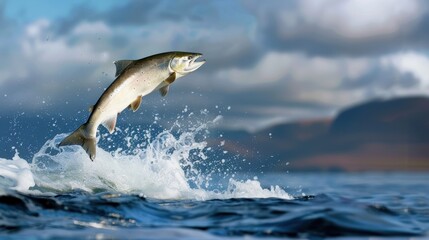Fototapeta premium A salmon leaping out of the ocean waves, illustrating the beauty and power of marine life in a natural setting.