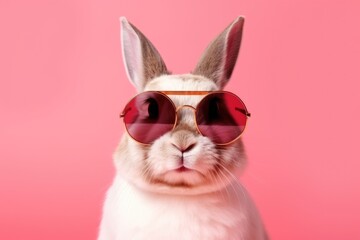 Stylish portrait of dressed up anthropomorphic bunny wearing glasses on vibrant pink background with copy space. Funny pop art animal illustration.