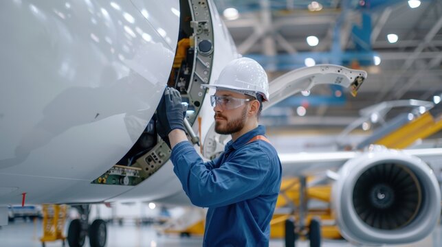 An engineer in a hangar performs maintenance on an aircraft, ensuring its safety and functionality.