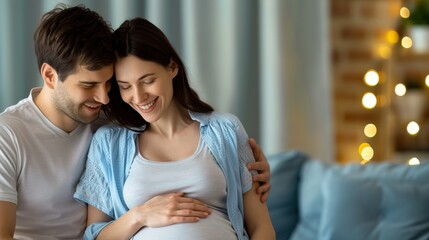 Smiling pregnant woman and her partner share a tender moment at home, embracing and looking at her belly with joy.