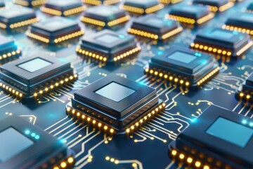 Fototapeta premium Close-up view of multiple advanced microprocessors on a circuit board, illustrating modern technology and computing power.