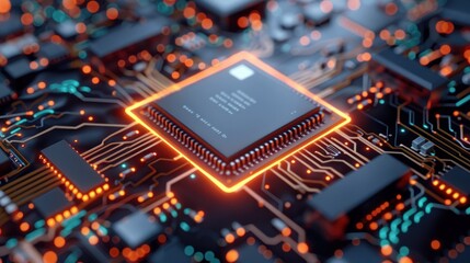 A glowing microchip on a detailed circuit board, showcasing advanced technology and electronic engineering.