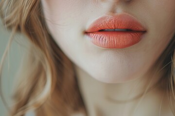 Close-up shot of a woman lips. Beauty injections concept. Peachy lipstick. Fashion make up. Cosmetology, drugstore or fashion makeup.