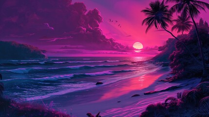 Retrowave Scape with Sunset and Palm Silhouettes.