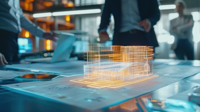 Architects engineer contractors meeting and discussing a project working in an office with blueprints sketches and building holograms, Teamwork, and construction concepts.