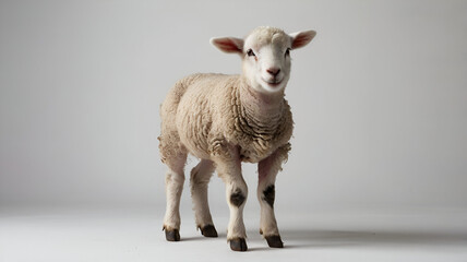 Fototapeta premium Close up photograph of a lamb isolated on a white background, sheep child, cute animal, diary animals