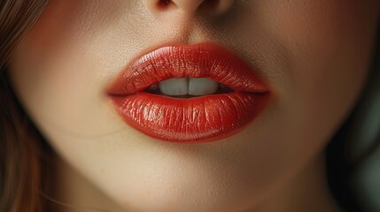 Fototapeta premium Close-up shot of a woman lips. Beauty injections concept. Peachy lipstick. Fashion make up. Cosmetology, drugstore or fashion makeup.