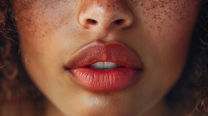 Naklejka premium Close-up shot of a woman lips. Beauty injections concept. Peachy lipstick. Fashion make up. Cosmetology, drugstore or fashion makeup.