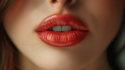 Fototapeta premium Close-up shot of a woman lips. Beauty injections concept. Peachy lipstick. Fashion make up. Cosmetology, drugstore or fashion makeup.