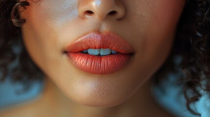 Fototapeta premium Close-up shot of a woman lips. Beauty injections concept. Peachy lipstick. Fashion make up. Cosmetology, drugstore or fashion makeup.