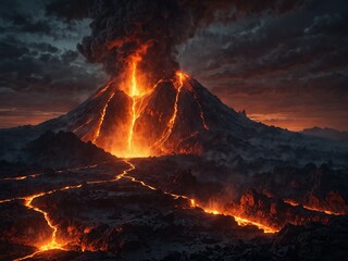 A fantasy volcano with glowing lava and strange creatures inside, and explorers venturing in.
