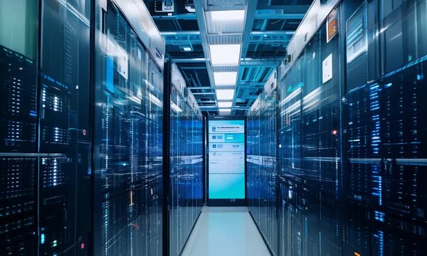 Advanced data center with flashing LEDs and fiber optics. 4K Video hyperrealistic