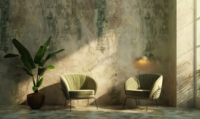 Modern Japanese-Inspired Living Room: Minimalist Elegance with Two Armchairs on Terrazzo Floor. Sleek Interior Design Featuring Clean Lines, Neutral Tones, and Plaster Walls. Sophisticated 4K Wallpape