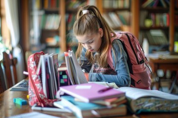 Blonde girl with ponytail and pink backpack on her back preparing school supplies