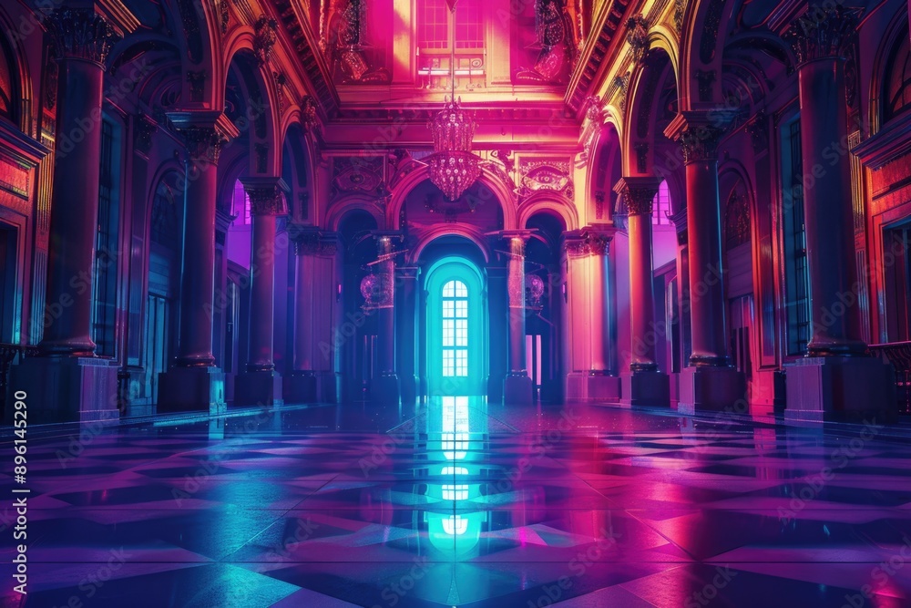 Poster A room with a checkered floor and a chandelier, suitable for use in interior design or architecture projects