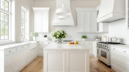 A bright and airy kitchen with white cabinets, a large island, and fresh flowers, with copy space, high-resolution photo, realistic photo, hyper realistic