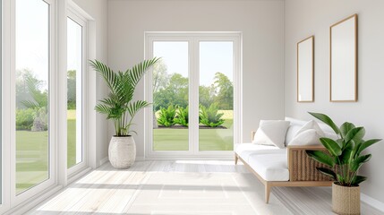 Fototapeta premium A bright and airy sunroom with comfortable seating, plants, and a view of the garden, with copy space, high-resolution photo, realistic photo, hyper realistic