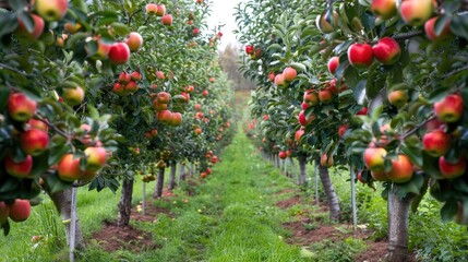 Rows of apple trees in an orchard with ripe apples hanging
