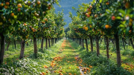 Fototapeta premium Rows of plum trees in an orchard with ripe fruits