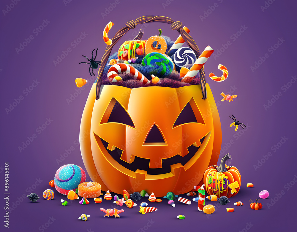 Sticker Halloween pumpkin basket full of candies and sweets. Vector illustration isolated on violet background.