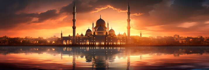 illustration capturing the serene beauty of a mosque at sunset for Ramadan , Generative AI