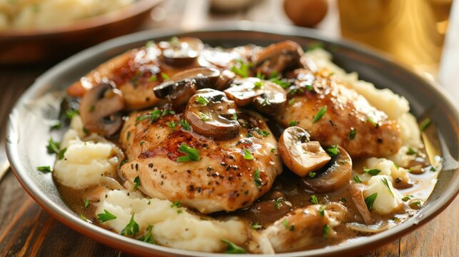 Savory chicken marsala with mushrooms and marsala wine sauce, served with mashed potatoes