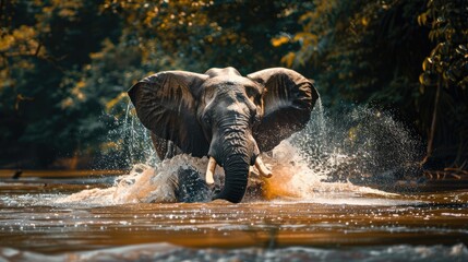 Elephant Splashing Through a River