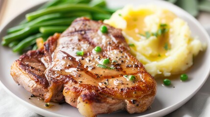 Savory pork chops with apple sauce, served with mashed potatoes and green beans