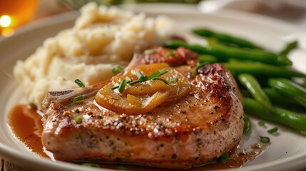 Savory pork chops with apple sauce, served with mashed potatoes and green beans