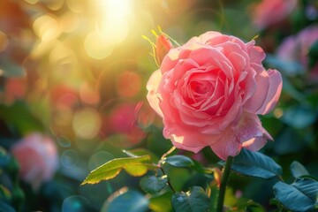 Rose flower, pink petals, summer garden, lush flora, warm sunlight, ample copy space, vibrant nature