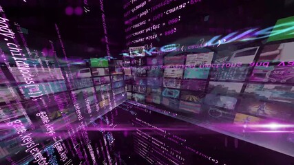 three dimensional space with software code development and artificial intelligence theme collage. Camera moving in 3D
