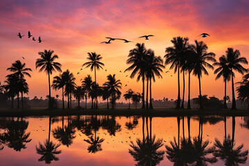 Silhouette of sugar palm trees and a flock of flying birds against with colorful sky in the morning with reflection in the water