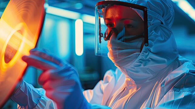 Scientist in a cleanroom suit examining semiconductor wafers