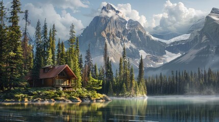Fototapeta premium Serene mountain landscape with a cabin by a lake