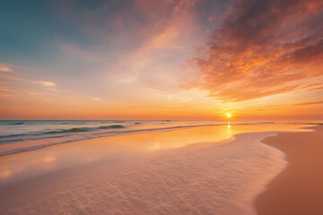 Obraz premium Sunrise sea sand beach. Inspire tropical beach seascape horizon. Orange and golden sunset sky calmness tranquil relaxing sunlight summer mood. Vacation travel holiday banner.