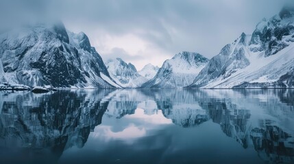 Snowy mountain peaks reflecting in a calm alpine lake