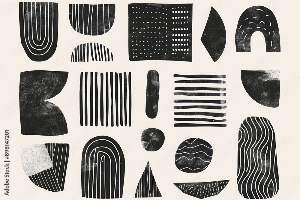 Poster a collection of various geometric shapes in black and white, suitable for use in educational materia